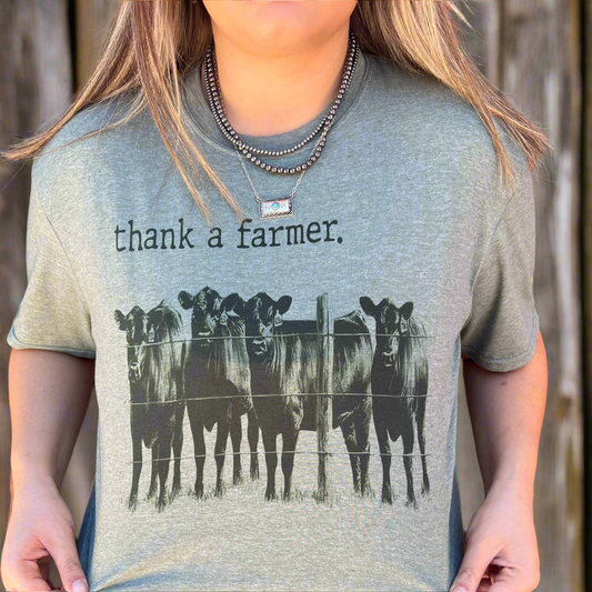 thank a farmer. Graphic Short Sleeve Tee | Cows Shirt | Western Tee | Heather Military Green