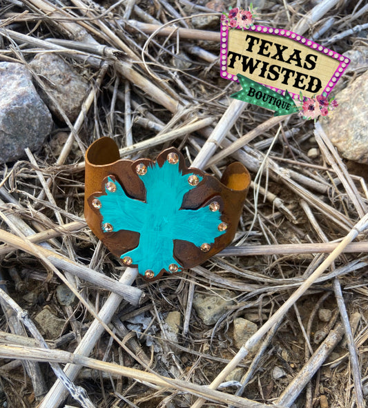 Cross Cuff Bracelet | Turquoise with Rhinestones | Vintage Western Jewelry